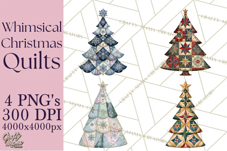 Whimsical Quilted Christmas Trees PNG, Bright Christmas