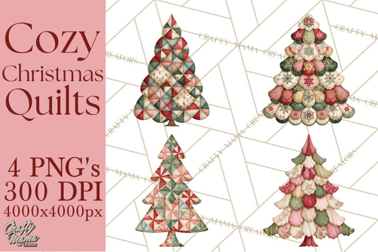 Quilted Christmas Trees PNG, Vintage Christmas Trees example image 1