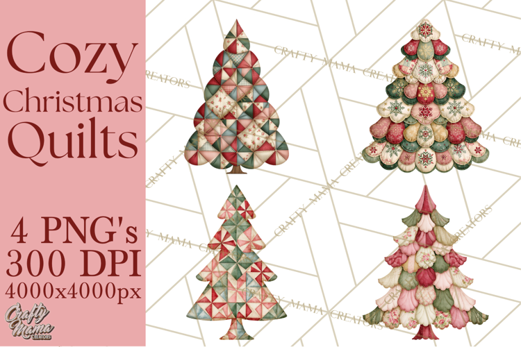 Quilted Christmas Trees PNG, Vintage Christmas Trees
