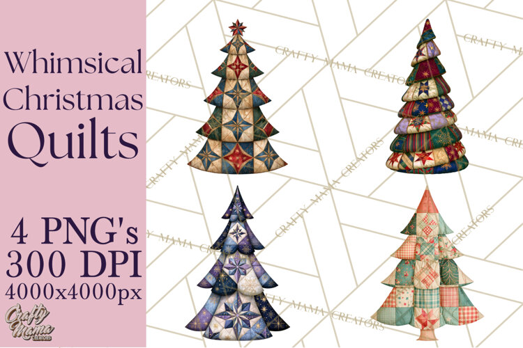Whimsical Quilted Christmas Trees PNG, Bright Christmas example image 1