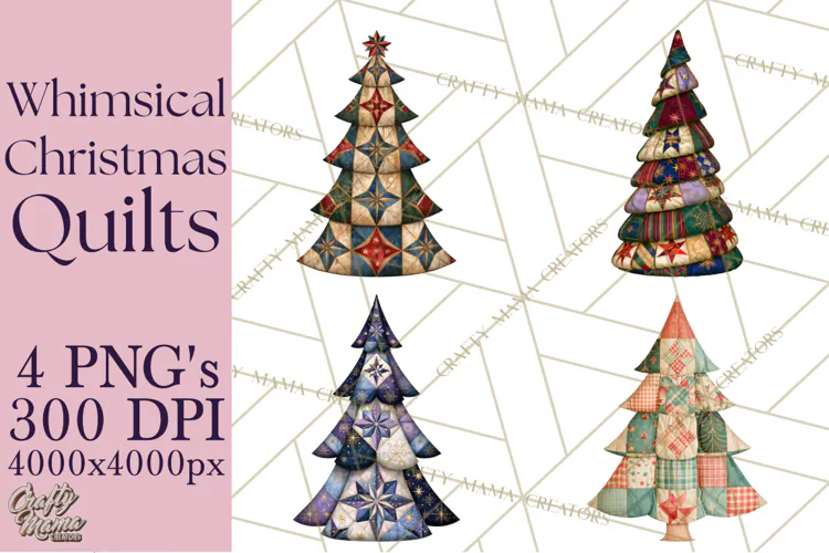 Whimsical Quilted Christmas Trees PNG, Bright Christmas
