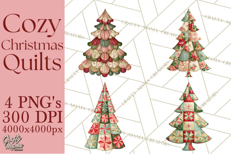 Quilted Christmas Trees PNG, Vintage Christmas Trees