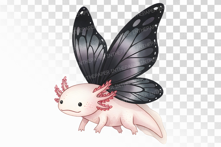Fantasy Axolotl with Black Butterfly Wing Cute Amphibian PNG
