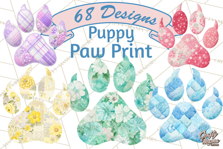 Quilted Patchwork Puppy Paw Prints Clipart, Colorful Dog PNG