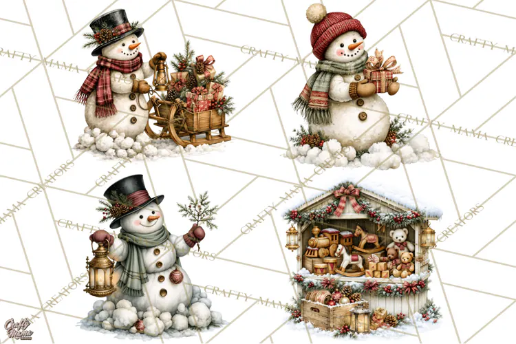 Snowman Christmas Market Clipart, Vintage Christmas Png