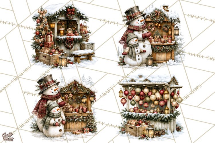 Snowman Christmas Market Clipart, Vintage Christmas Png example image 1