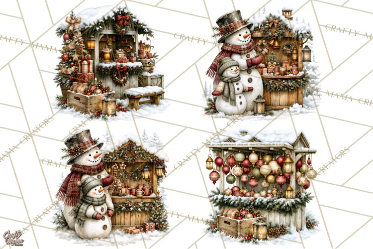 Snowman Christmas Market Clipart, Vintage Christmas Png