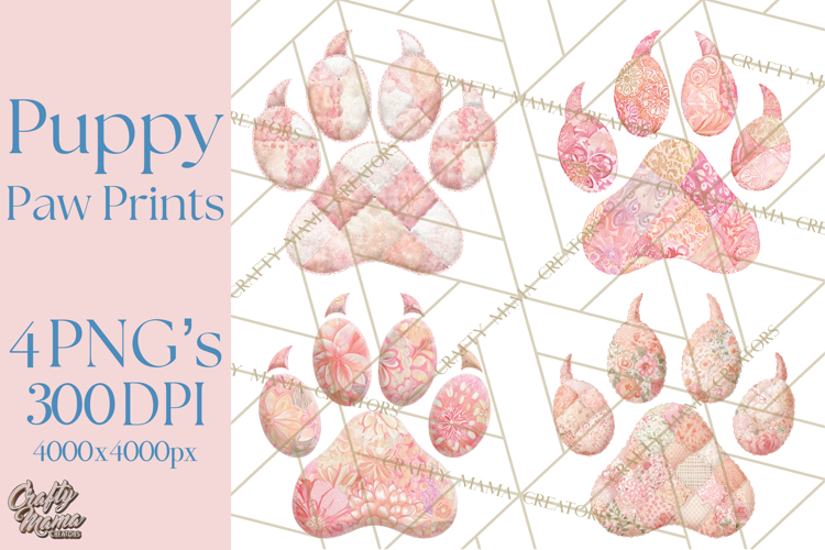 Quilted Patchwork Puppy Paw Prints Clipart, Colorful Dog PNG