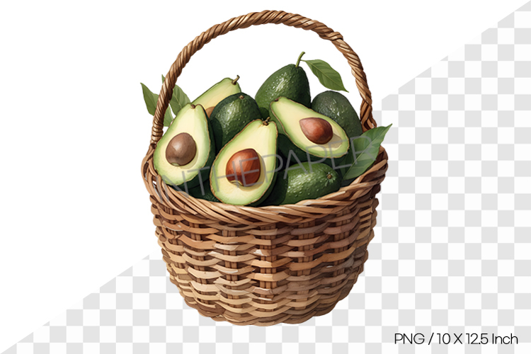 Watercolor illustration of avocados in a rattan basket PNG