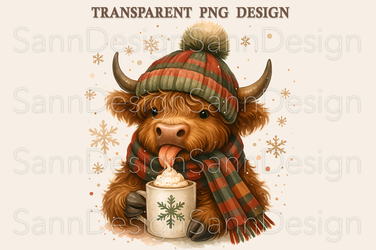 Cute Christmas Highland Cow PNG, Winter Cow with Hot Cocoa