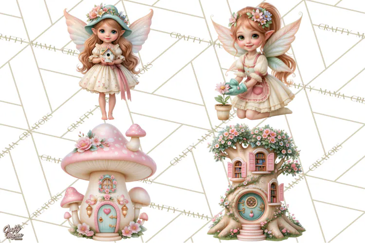 Fairy Garden Clipart, Whimsical Fairy Hollow PNG, Mushroom