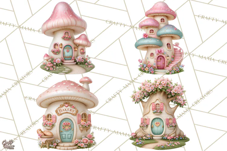 Fairy Garden Clipart, Whimsical Fairy Hollow PNG, Mushroom
