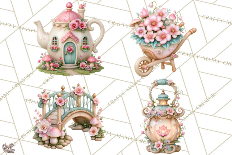 Fairy Garden Clipart, Whimsical Fairy Hollow PNG, Mushroom