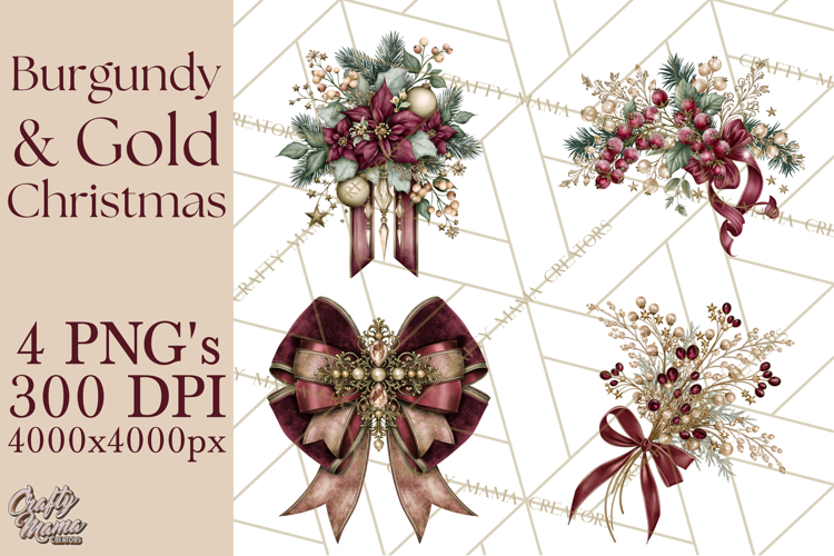 Elegant Christmas Clipart PNG, Burgundy Antique Gold