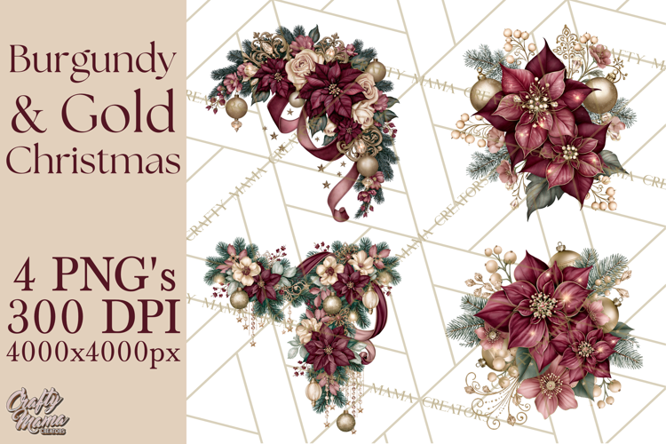 Elegant Christmas Clipart PNG, Burgundy Antique Gold