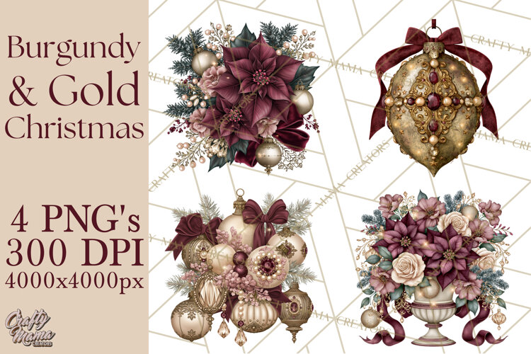 Elegant Christmas Clipart PNG, Burgundy Antique Gold example image 1