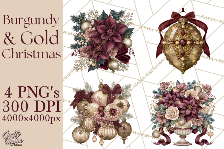 Elegant Christmas Clipart PNG, Burgundy Antique Gold