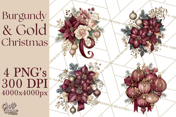 Elegant Christmas Clipart PNG, Burgundy Antique Gold