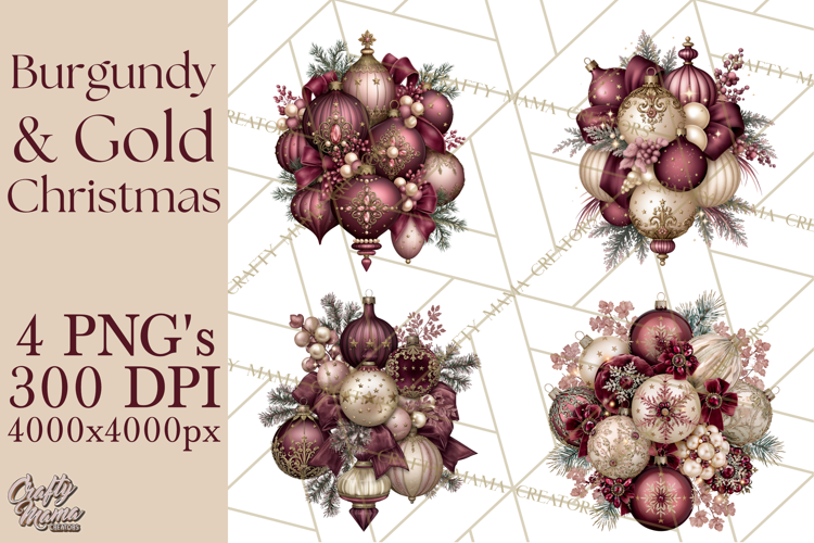 Elegant Christmas Clipart PNG, Burgundy Antique Gold