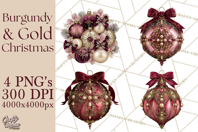 Elegant Christmas Clipart PNG, Burgundy Antique Gold example image 1