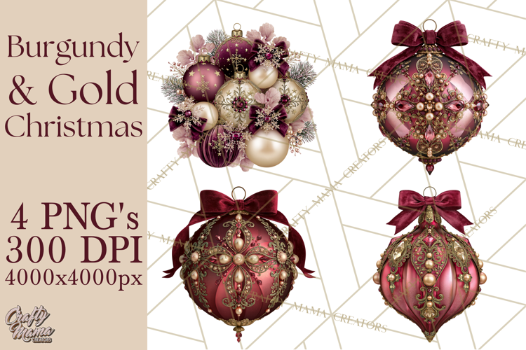 Elegant Christmas Clipart PNG, Burgundy Antique Gold