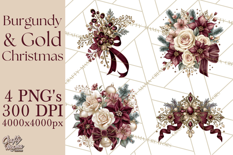 Elegant Christmas Clipart PNG, Burgundy Antique Gold