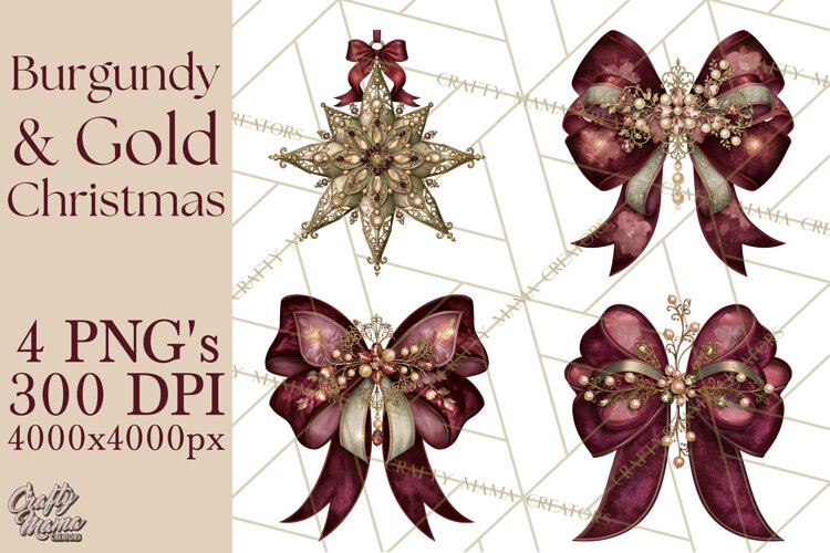 Elegant Christmas Clipart PNG, Burgundy Antique Gold example image 1