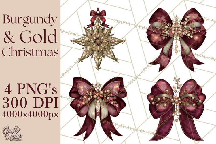 Elegant Christmas Clipart PNG, Burgundy Antique Gold