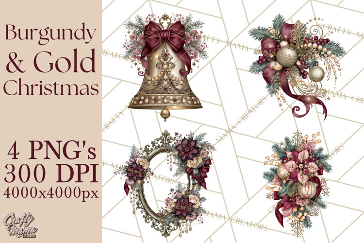 Elegant Christmas Clipart PNG, Burgundy Antique Gold example image 1