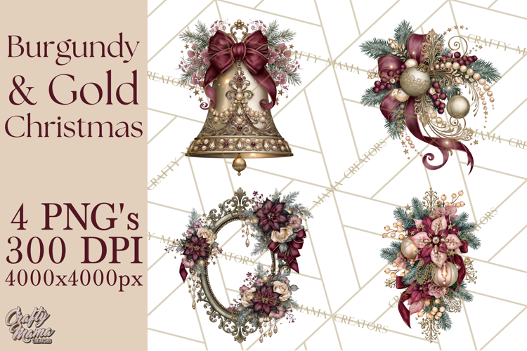 Elegant Christmas Clipart PNG, Burgundy Antique Gold