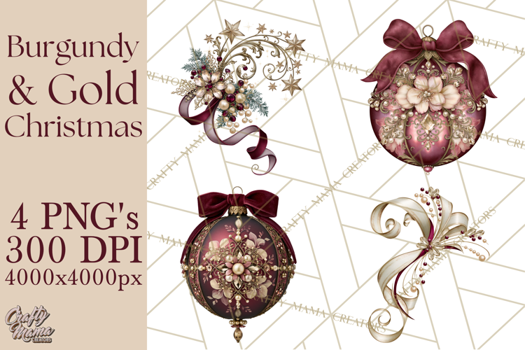 Elegant Christmas Clipart PNG, Burgundy Antique Gold