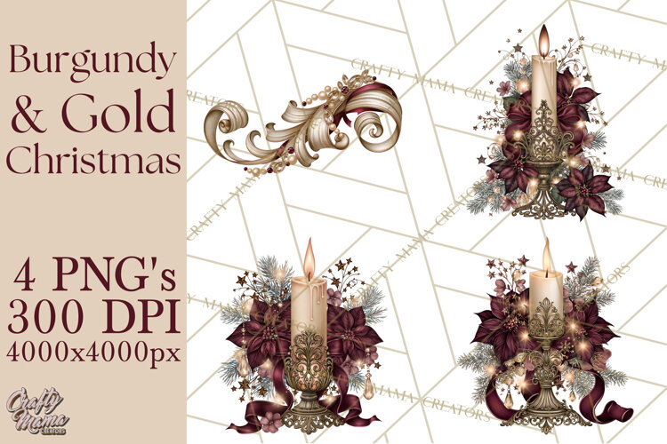 Elegant Christmas Clipart PNG, Burgundy Antique Gold example image 1