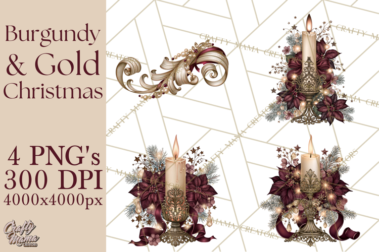 Elegant Christmas Clipart PNG, Burgundy Antique Gold