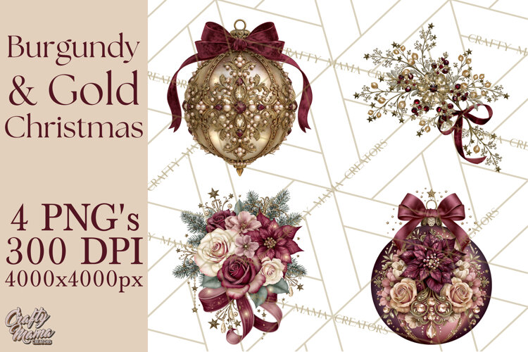 Elegant Christmas Clipart PNG, Burgundy Antique Gold example image 1