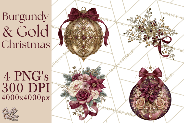 Elegant Christmas Clipart PNG, Burgundy Antique Gold