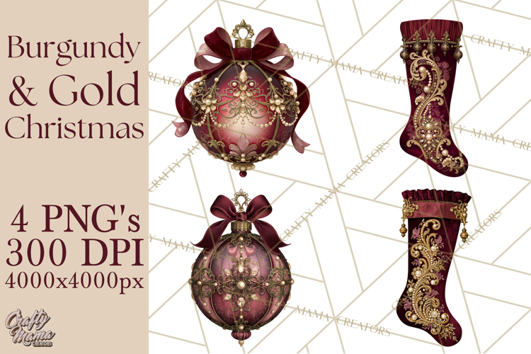 Elegant Christmas Clipart PNG, Burgundy Antique Gold