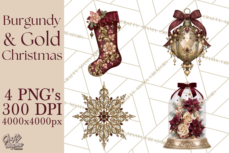 Elegant Christmas Clipart PNG, Burgundy Antique Gold