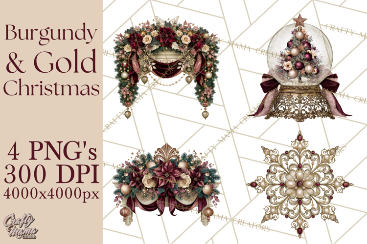 Elegant Christmas Clipart PNG, Burgundy Antique Gold