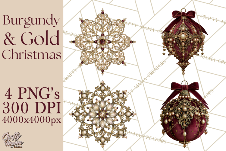 Elegant Christmas Clipart PNG, Burgundy Antique Gold