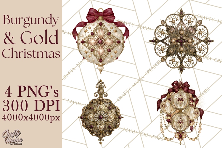 Elegant Christmas Clipart PNG, Burgundy Antique Gold