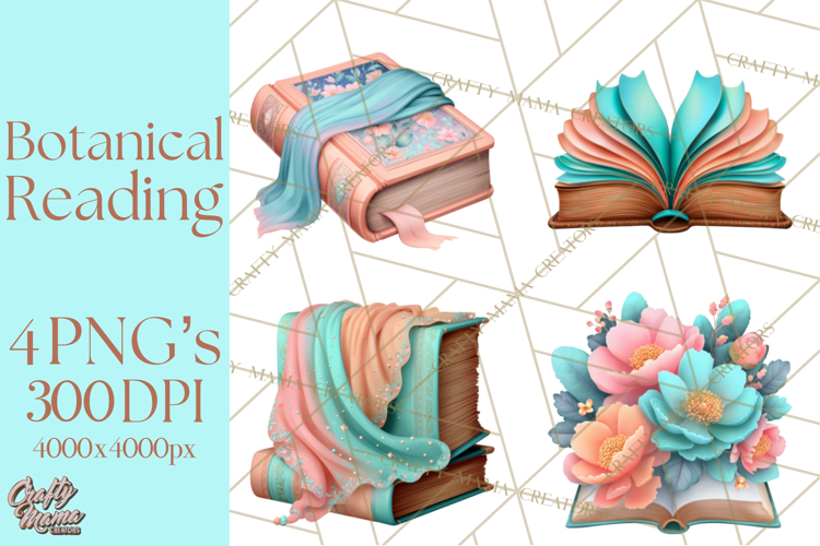 Botanical Books Clipart PNG Cottagecore Reading Florals