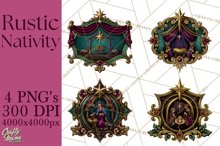 Rustic Nativity Folk Art Christmas Clipart PNG example image 1