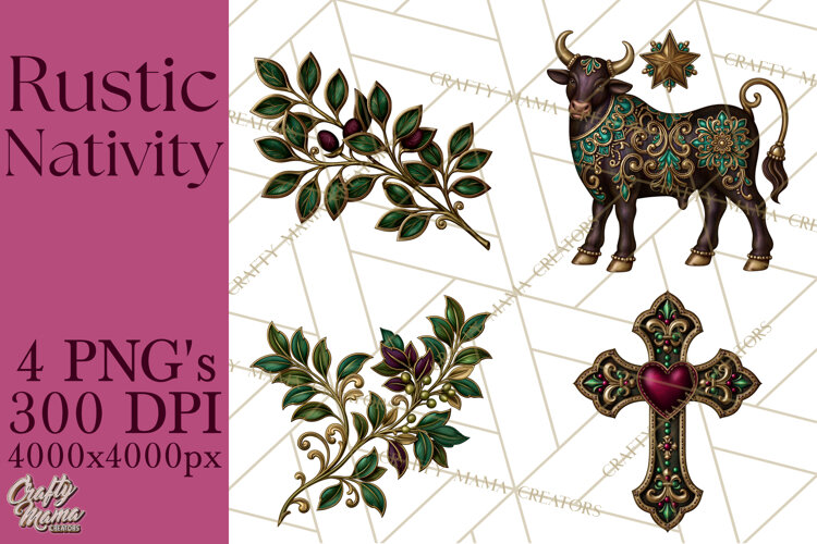 Rustic Nativity Folk Art Christmas Clipart PNG example image 1