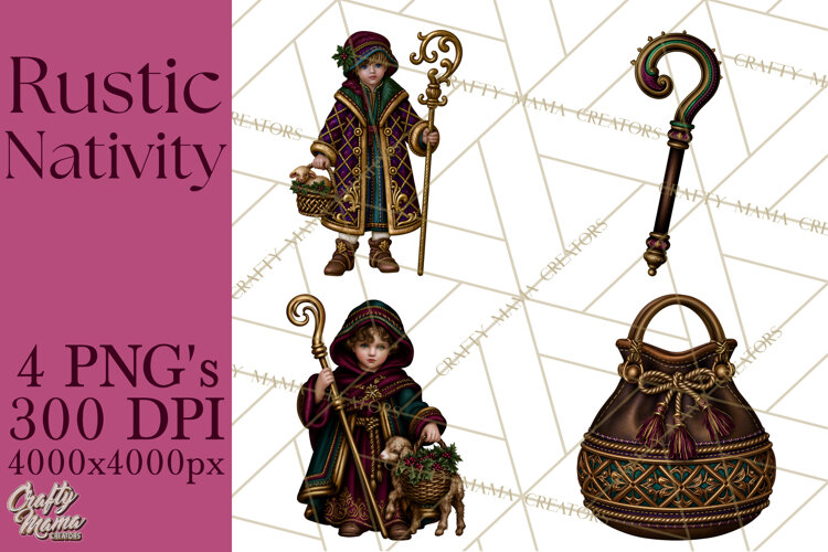 Rustic Nativity Folk Art Christmas Clipart PNG example image 1