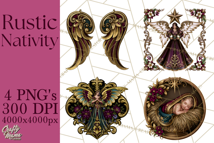 Rustic Nativity Folk Art Christmas Clipart PNG