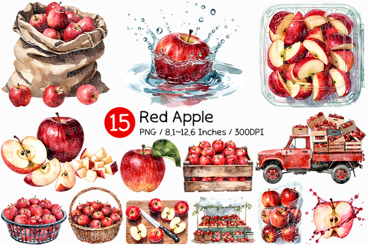 Watercolor Red Apple | Fruit Sweet Juicy Summer Fresh PNG