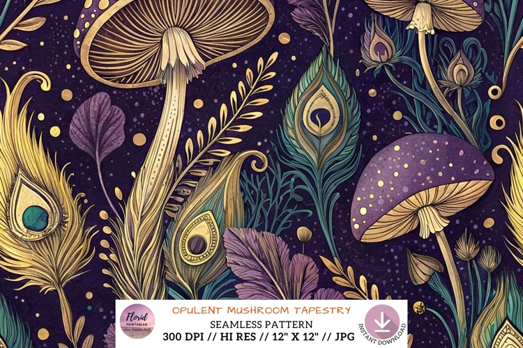 Opulent Mushroom Tapestry Seamless Print, Seamless Pattern