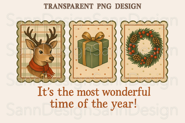 Vintage Christmas Clipart Set, Deer, Gift & Wreath PNG