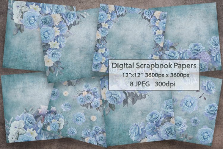 Floral Scrapbooking Paper | Blue Roses Background example image 1