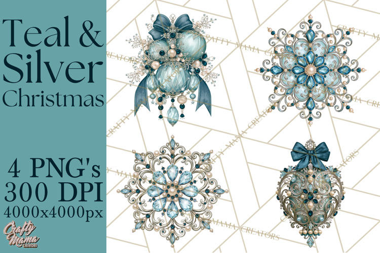 Elegant Christmas Clipart PNG, Winter Teal Silver Christmas